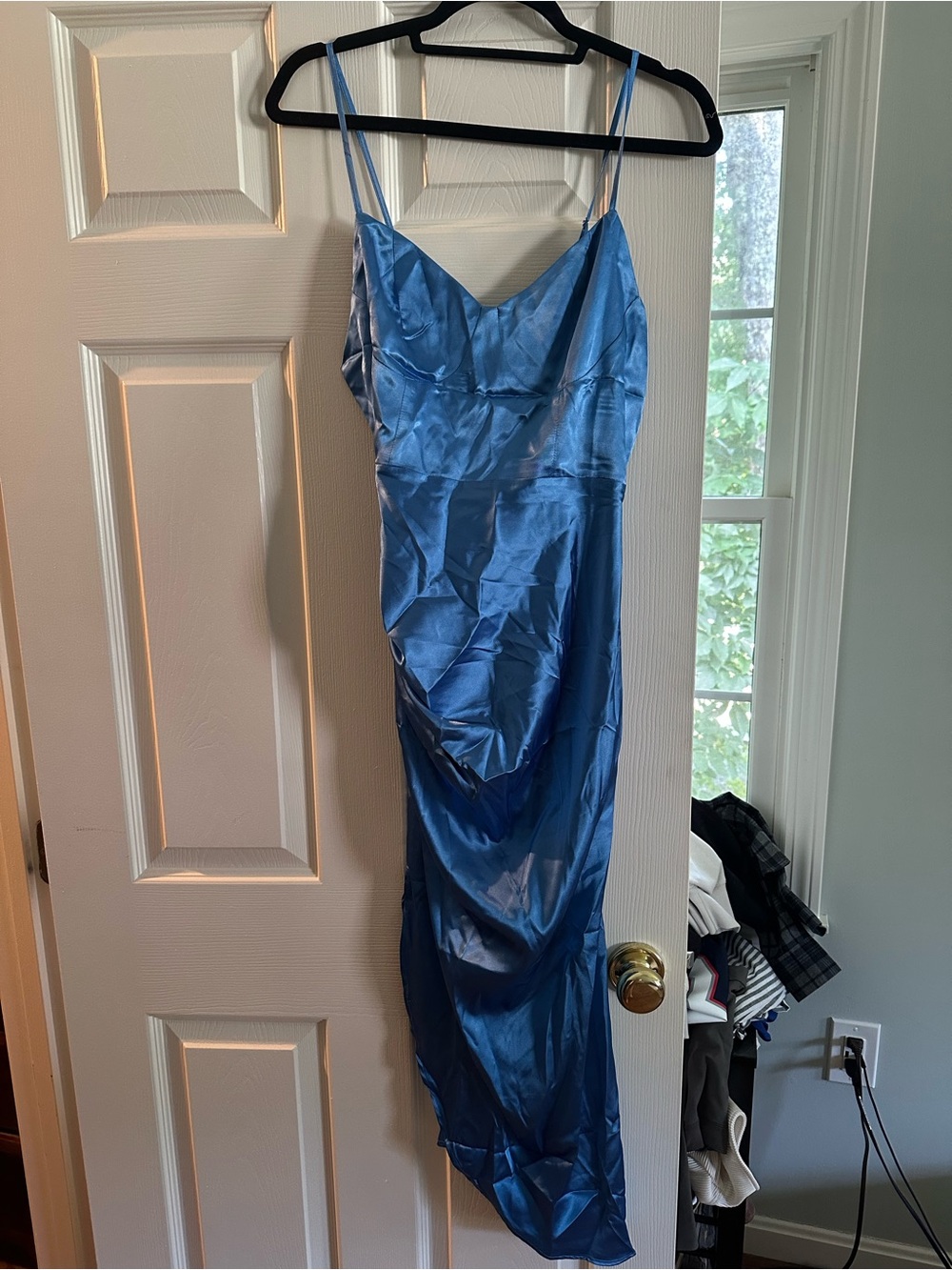 SHEIN Blue Satin Cowl Slip Midi Dress with Spaghetti Straps